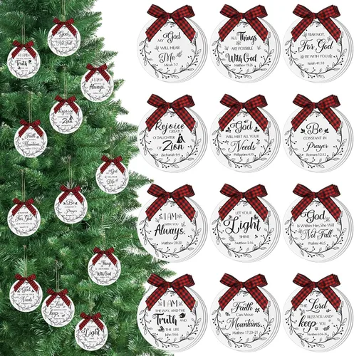 Soaoo 48 piezas de adornos de versículos bíblicos de Navidad, letreros colgantes de madera con lazo de cuadros buffalo y cuerdas para árbol de