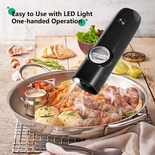 Miniatura 2 de Juego de molinillo eléctrico de sal y pimienta, juego de molinillo de pimienta automático recargable, luz LED, con una sola mano, con recipiente
