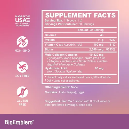 Miniatura 5 de BioEmblem Beauty Collagen - Complejo de colágeno múltiple, ácido hialurónico, vitamina C y biotina, fuentes de membrana bovino, pescado, caldo