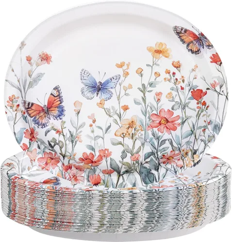 Miniatura 25 de WDF Paquete de 50 platos florales ovalados de papel, platos llanos desechables grandes de 10 x 12 pulgadas, platos desechables florales