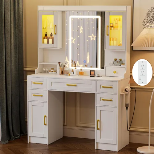 Miniatura 2 de Tocador blanco con espejo y luces LED, juego grande de mesa de maquillaje con 2 gabinetes de exhibición, 6 cajones y 2 gabinetes de almacenamiento