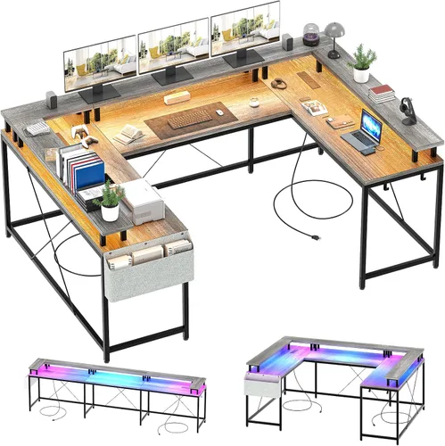 Miniatura 7 de GAOMON Escritorio en forma de U, escritorio para juegos en forma de U de 79 pulgadas con soporte para monitor y luces LED, escritorio grande