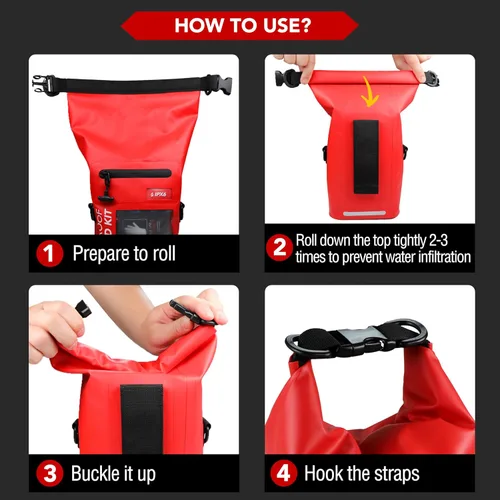 Miniatura 11 de Kit de primeros auxilios impermeable de 250 piezas, bolsa seca reflectante con tapa enrollable para barco, bolsas de emergencia, kit médico