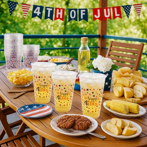 Miniatura 5 de 60 piezas Tazas del 4 de julio, vasos de plástico patrióticos de 16 oz con estrellas rojas, blancas y azules, decoraciones para suministros