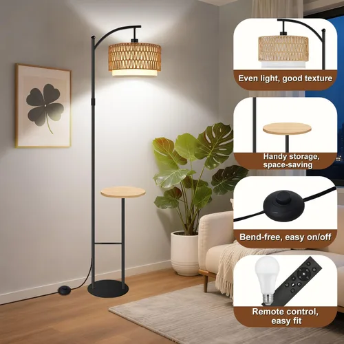 Miniatura 7 de Lámpara de pie de arco con mesa, lámparas de pie de ratán boho para sala de estar con control remoto regulable 3 temperaturas de color, lámpara