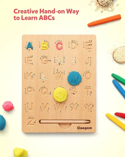 Miniatura 4 de Coogam Tabla de práctica de letras de madera, herramienta de rastreo del alfabeto de doble cara, herramienta de aprendizaje de escritura ABC, juego
