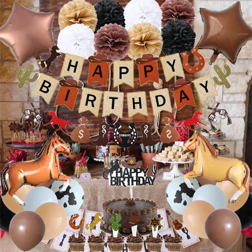 Miniatura 5 de Decoraciones de fiesta de cumpleaños de vaquero occidental, suministros de fiesta temática retro de caballo rodeo vaquero para niños, incluye