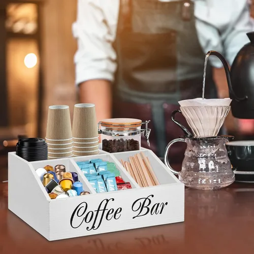Miniatura 2 de ugiftt Organizador de estación de café para mostrador, cesta de almacenamiento de cápsulas de café de madera, organizador de almacenamiento