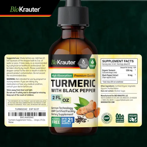 Miniatura 8 de BIO KRAUTER Suplemento de cúrcuma para apoyo articular – Curcumina vegana pura con pimienta negra 2 onzas líquidas 28 días de suministro – Gotas