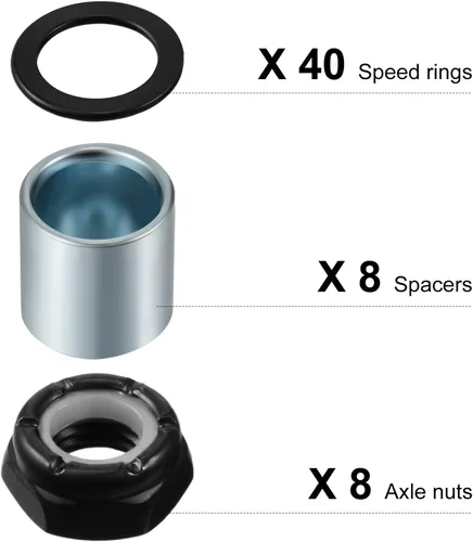 Miniatura 5 de Hotop Kit de 56 piezas de accesorios para patineta y camión, incluye 8 espaciadores, 8 tuercas de eje y 40 anillos de velocidad para patineta