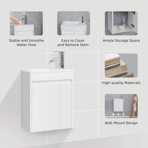 Miniatura 6 de Tocador de baño blanco con fregadero de cerámica combinado, tocador de baño de montaje en pared, 16 pulgadas de largo x 9.8 pulgadas de ancho x 20.3