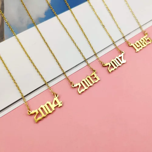 Miniatura 5 de Collar de acero inoxidable chapado en oro de 18 quilates con número de cumpleaños, aniversario, joyería memorable para mujeres y niñas, Metal, No