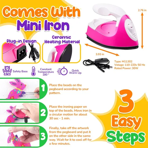 Miniatura 3 de Goody King Juego de Cuentas de Fusión con Plancha - Kit de Cuentas de Fusión para Manualidades Infantiles con Tablero de Clavijas y Cuentas Pony