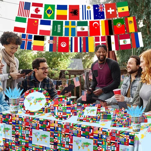 Miniatura 4 de International World Flags - Juego de vajilla de 142 piezas de banderas internacionales, platos y servilletas, tazas, pancartas, mantel de banderas