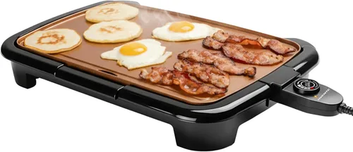 OVENTE Plancha eléctrica con superficie de cocción antiadherente plana de 16 x 10 pulgadas, control de temperatura extraíble y ajustable, parrilla