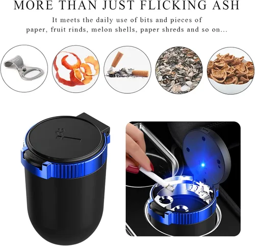 Miniatura 5 de Ohleats Cenicero de coche con tapa, cenicero desmontable de acero inoxidable con luz LED azul, cenicero portátil mini para vehículo, portavasos