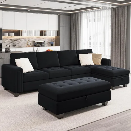 Miniatura 6 de Belffin Banco otomano rectangular de gran tamaño con almacenamiento, reposapiés tapizado de terciopelo para sala de estar y dormitorio (negro)
