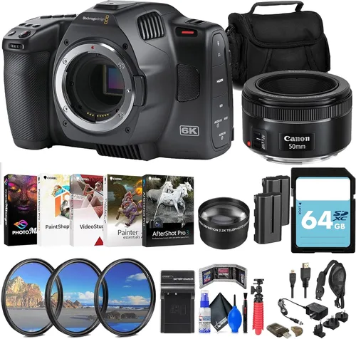 Blackmagic Design Cámara de cine de bolsillo 6K G2 (CINECAMPOCHDEF6K2) + lente Canon EF de 1.969 in (0570C002) + tarjeta de memoria de 64 GB +