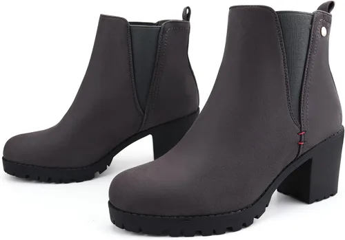 Miniatura 4 de JABASIC - Botines casuales de ante para mujer con tacón de bloque, botas de meter tipo Chelsea