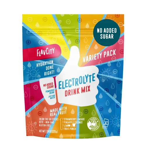 Miniatura 10 de Paquetes de polvo de electrolitos de limón y lima FlavCity - 28 paquetes de hidratación - Sin azúcar añadida - Polvo de hidratación con fruta real