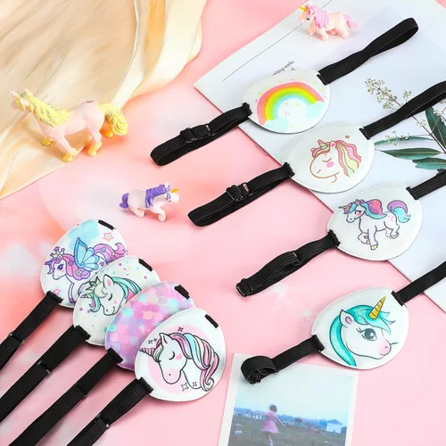 Miniatura 5 de Eurzom 8 parches de tela estilo unicornio para niños, parche ajustable para un solo ojo con correa elástica, reutilizable, varios patrones