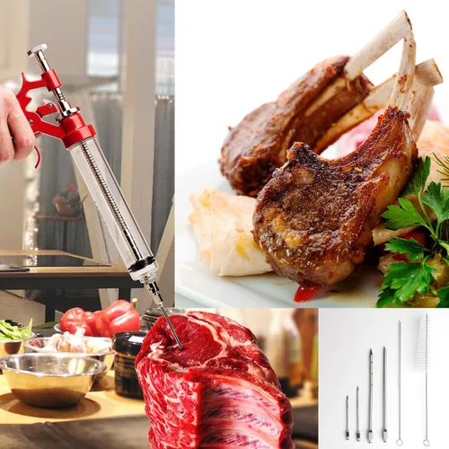 Miniatura 5 de Inyector de Carne Pistola de Marinado de Acero Inoxidable Kit Exterior Jeringas de Alimentos con Sabor y 4 Agujas de Marinados para Parrilla BBQ Rojo