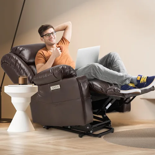 Miniatura 8 de Power Lift Sillón Reclinable de Cuero con Masaje y Calor, Silla Lazy Boy con Portavasos, Puertos USB y Tipo C, Control Remoto (Marrón)