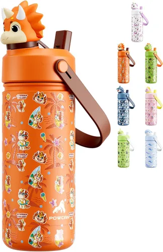 Miniatura 21 de POWCAN 12 oz Insulated Water Bottle for School: 2-in-1 Straw Spout Lid with Soft Animal Head, BPA-Free, Leakproof, Keep Cold 24H, Easy Carry