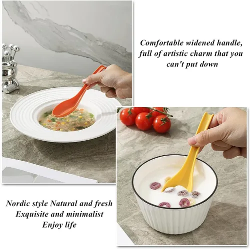 Miniatura 9 de Kyraton Juego de 24 cucharas de sopa asiática con mango largo fácil de sostener, cuchara japonesa de plástico irrompible para ramen, wonton chino