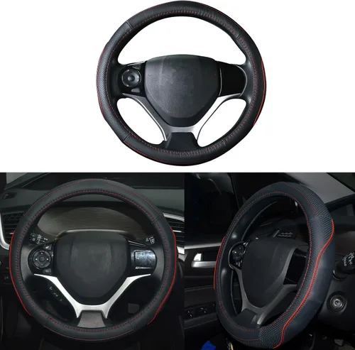 Miniatura 8 de QianBao Funda de cuero genuino para volante de automóvil, color negro para volantes de 13.5 a 14.2 pulgadas, absorbente de sudor (negro)