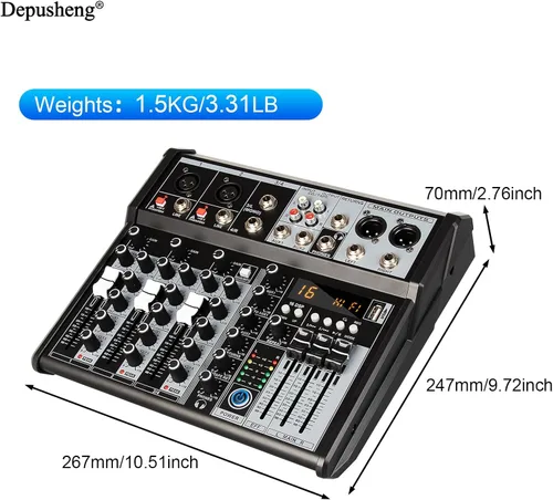 Miniatura 7 de Depusheng Mezclador de Audio Profesional, Sistema de Consola de Mezcla de Tablero de Sonido de Interfaz de Audio de 4 Canales, Mezclador DJ