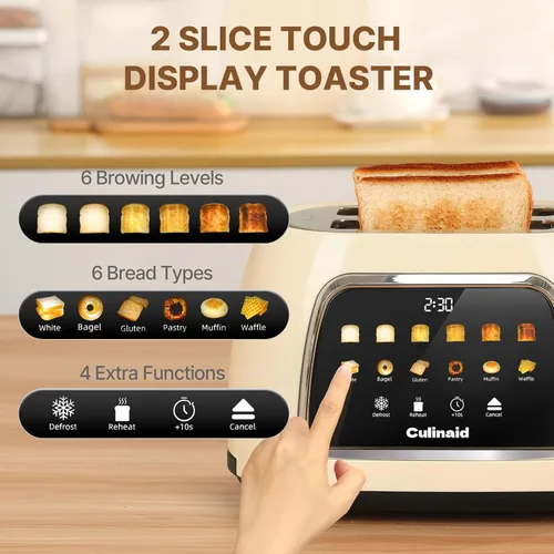 Miniatura 5 de Tostadora de 2 Rebanadas con Pantalla Táctil Inteligente, Tostadora Digital Retro de Acero Inoxidable con Ranura Extra Ancha de 1.5'', Función
