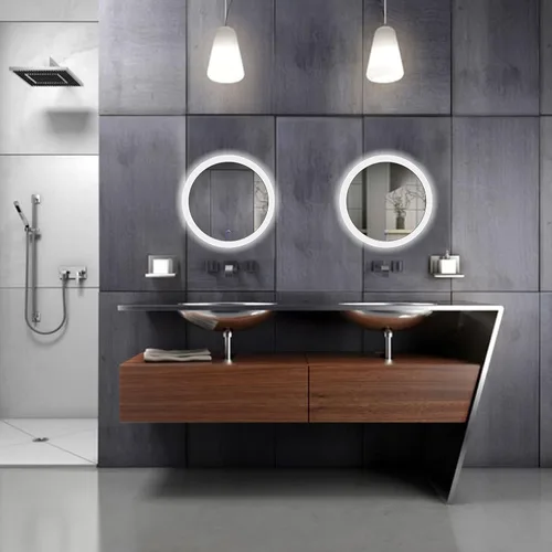 Miniatura 5 de Krugg Espejo redondo LED de baño de 22 pulgadas de diámetro, espejo de tocador iluminado con atenuador y desempañador, cristal con respaldo plateado