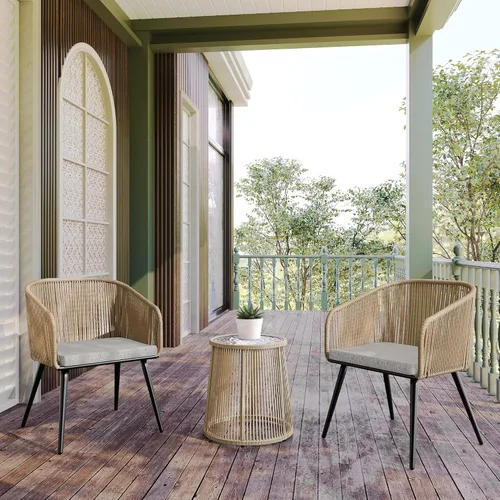 Miniatura 9 de East Oak Juego de 3 piezas para patio bistró, juego de conversación de patio con 2 sillas ergonómicas anchas, cojines y mesa auxiliar de cristal