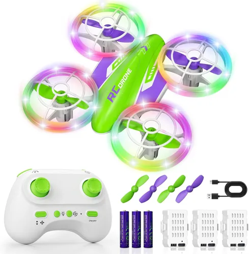Miniatura 8 de Dron LED RC para niños de 6+, regalo de Navidad y cumpleaños para niños y niñas con baterías, mando a distancia, voltereta de 360°, modo de alta