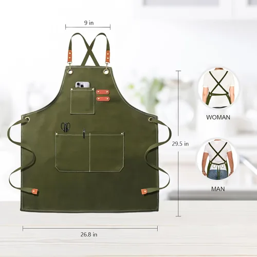 Miniatura 2 de OUNLEN Delantal de Chef para Hombres y Mujeres de Lona con 3 Bolsillos, Delantal Resistente de Trabajo con Espalda Cruzada para Cocinar