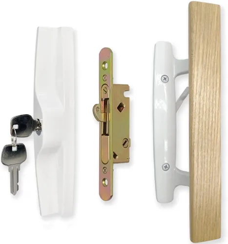 ALLYWASAI Juego de manijas de puerta corrediza de patio con cerradura de embutir, cilindro de llave y placa frontal, juego de cerradura de mango de