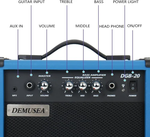 Miniatura 3 de Amplificador de Guitarra Bajo Eléctrico Azul Oscuro de 20W Portátil de Viaje Mini Amplificador de Práctica Conector para Auriculares Aux Agudos