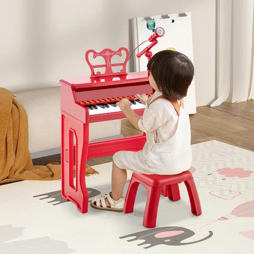 Miniatura 8 de HONEY JOY Piano para niños, piano de teclado rojo de 37 teclas para niños con soporte de música y banco, regalo para bebés con micrófono