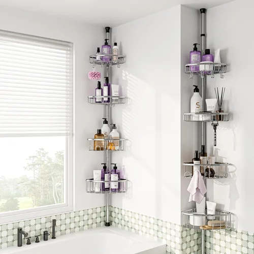 Miniatura 7 de Organizador de Ducha de Esquina con Poste de Tensión: Organizador de Ducha de Acero Inoxidable Antioxidante de 4 Niveles - Estantes de Baño