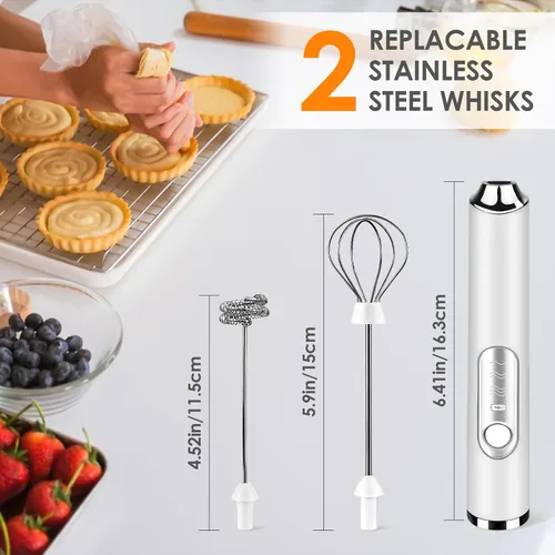 Miniatura 2 de Espumador de Leche de Mano, Batidor de Café Recargable con 2 Batidores de Acero Inoxidable de 3 Velocidades, Mezclador de Bebidas, Espumador Blanco