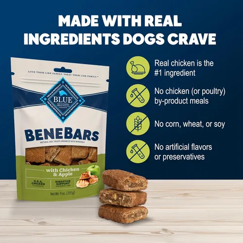 Miniatura 7 de Blue Buffalo BeneBars - Golosinas de apoyo digestivo para perros con fibra prebiótica, hechas con ingredientes naturales, pollo y manzana de EE.