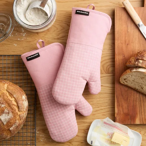 Miniatura 2 de KITCHENAID Gourmet Series Gridlines - Juego de 2 guantes de horno resistentes al calor hasta 600 °F, agarre de silicona suave, puño magnético, rosa
