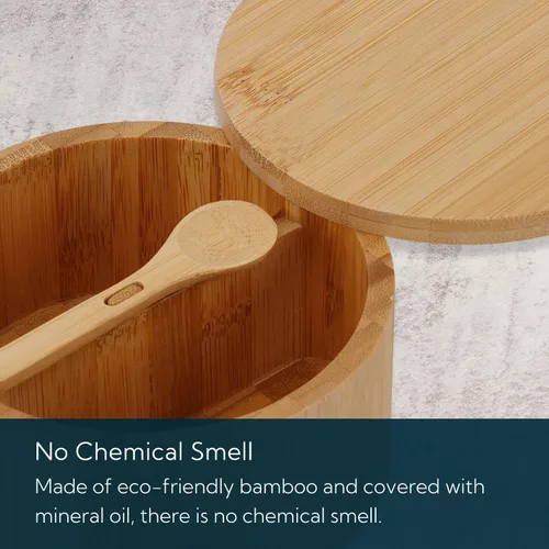 Miniatura 5 de KITCHENDAO Caja de bambú para sal y pimienta, recipiente dividido, cuchara de servir integrada para evitar el polvo, tapa giratoria para mantenerse