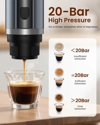 Miniatura 2 de Máquina de café expreso portátil, 20 bares, eléctrica para viajes, campamento, mini cafetera recargable USB-C para cápsulas NS y café molido, gris