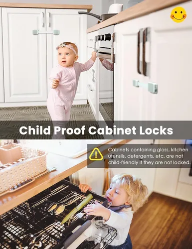 Miniatura 6 de Paquete de 2 cerraduras de seguridad a prueba de bebés seguras para niños, para gabinete, cajón, refrigerador, horno, lavavajillas, puertas, asiento