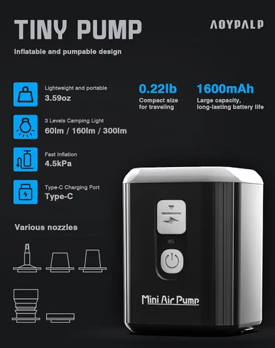 Miniatura 2 de Mini bomba de aire, bomba recargable portátil con batería de 1600 mAh, 5 boquillas, luz de campamento, inflado/desinflado rápido para inflables