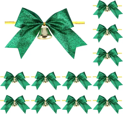 Meseey 12 Lazos de Navidad con Campana de 4 Pulgadas Lazos de Cinta Verde Metálico con Purpurina Lazos Prefabricados con Alambre Retorcido de Brillo