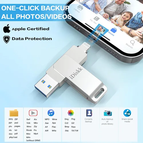 Miniatura 3 de App-le Certificado Mfi 128GB iDiskk iPhone Flash Drive, para Fotos y Videos, Stick de Fotos, Flash Drive para iPad, Almacenamiento USB para iPhone