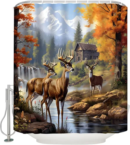 Miniatura 6 de Cortina de ducha de cabaña de ciervos, otoño, montaña, bosque, cascada, vida silvestre, caza, cabaña, cortina de baño de poliéster con ganchos, 35